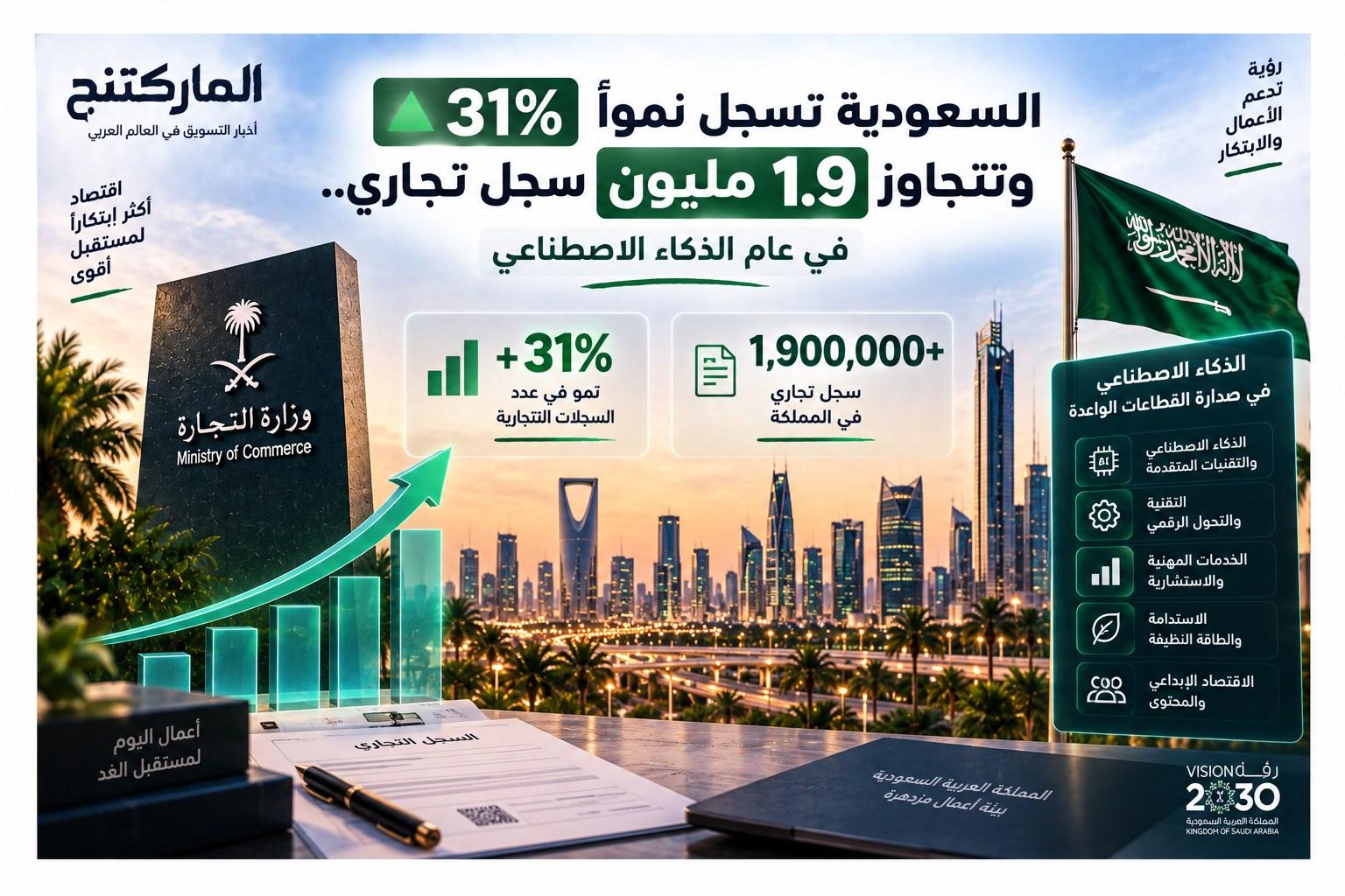 السعودية تسجل نموًا 31% و تتجاوز 1.9 مليون سجل تجاري.. في عام الذكاء الاصطناعي